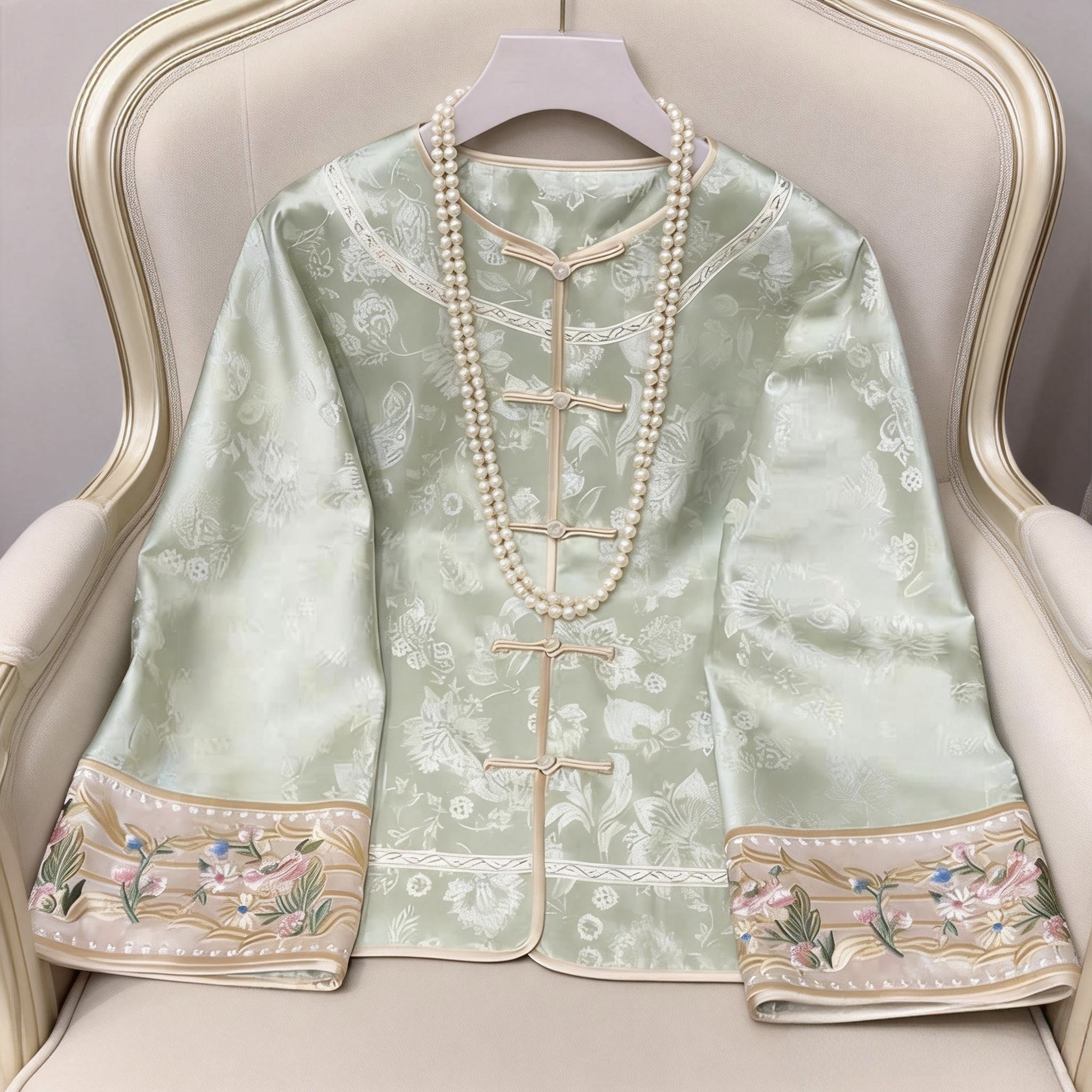 2026春季女装新中式老钱风天丝提花上衣复古国风盘扣改良唐装外套