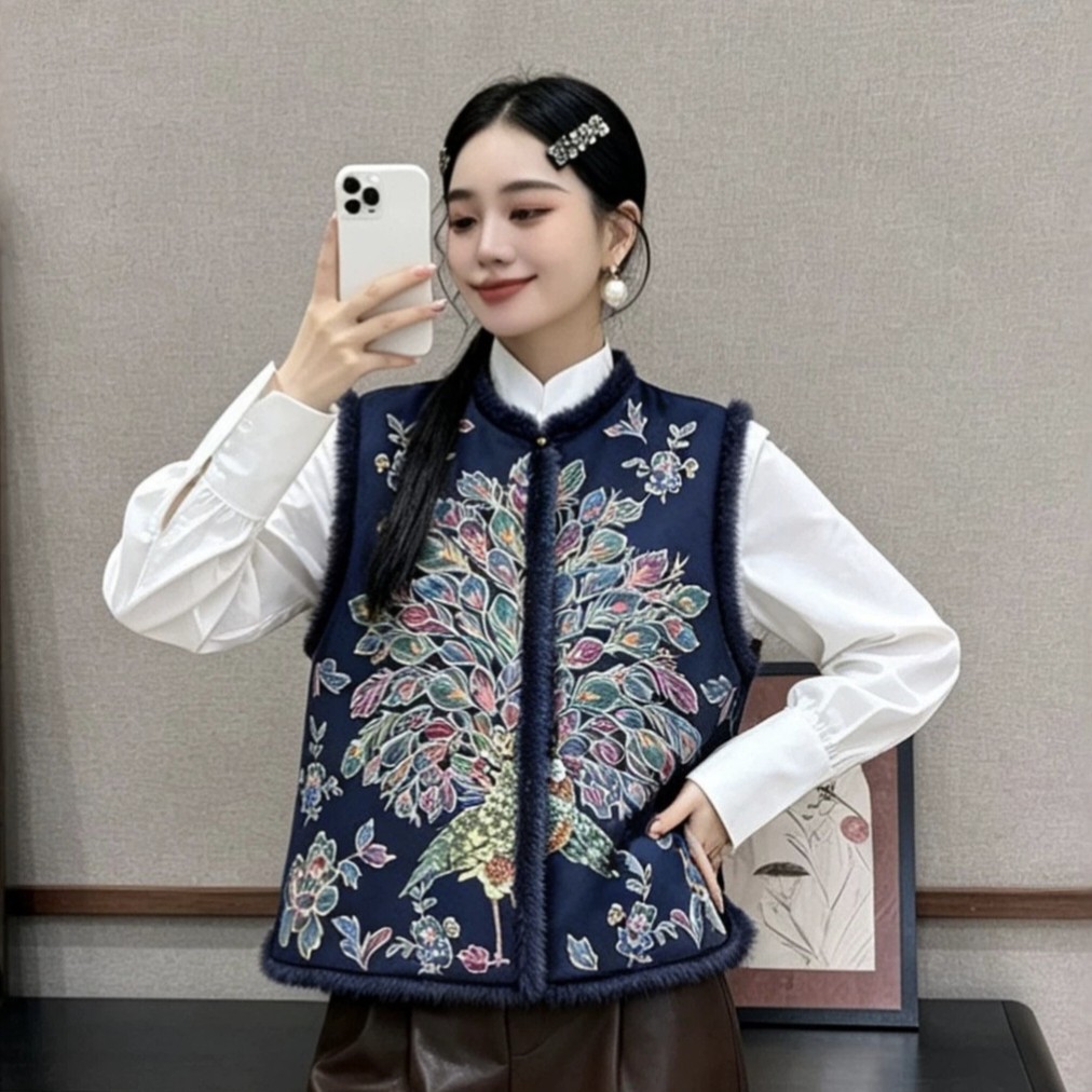 新中式国风刺绣夹棉马甲2026秋冬女装复古水貂毛拼接加棉坎肩马夹