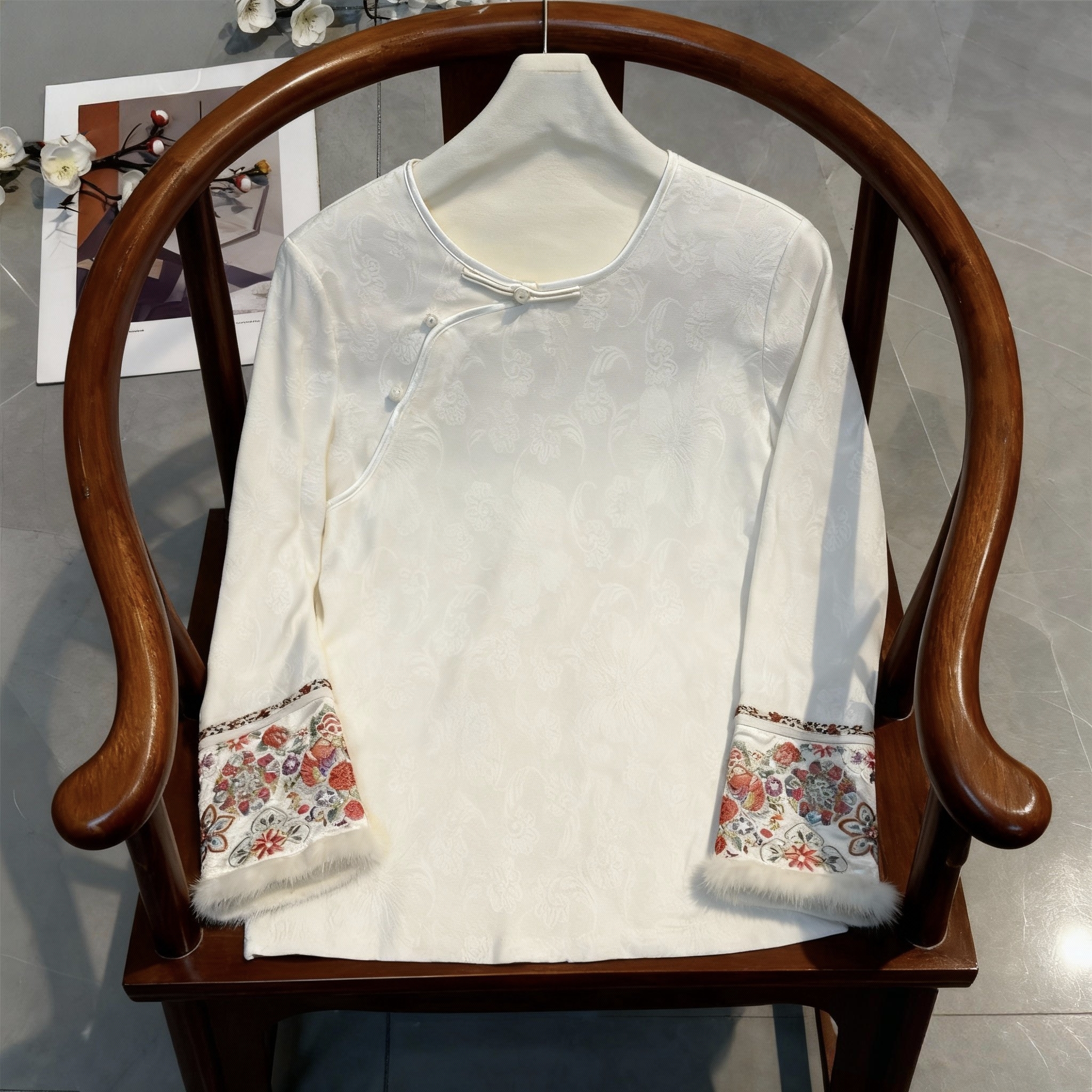 新中式打底衫上衣复古国风刺绣袖口百搭水貂毛拼接弹力针织衫内搭