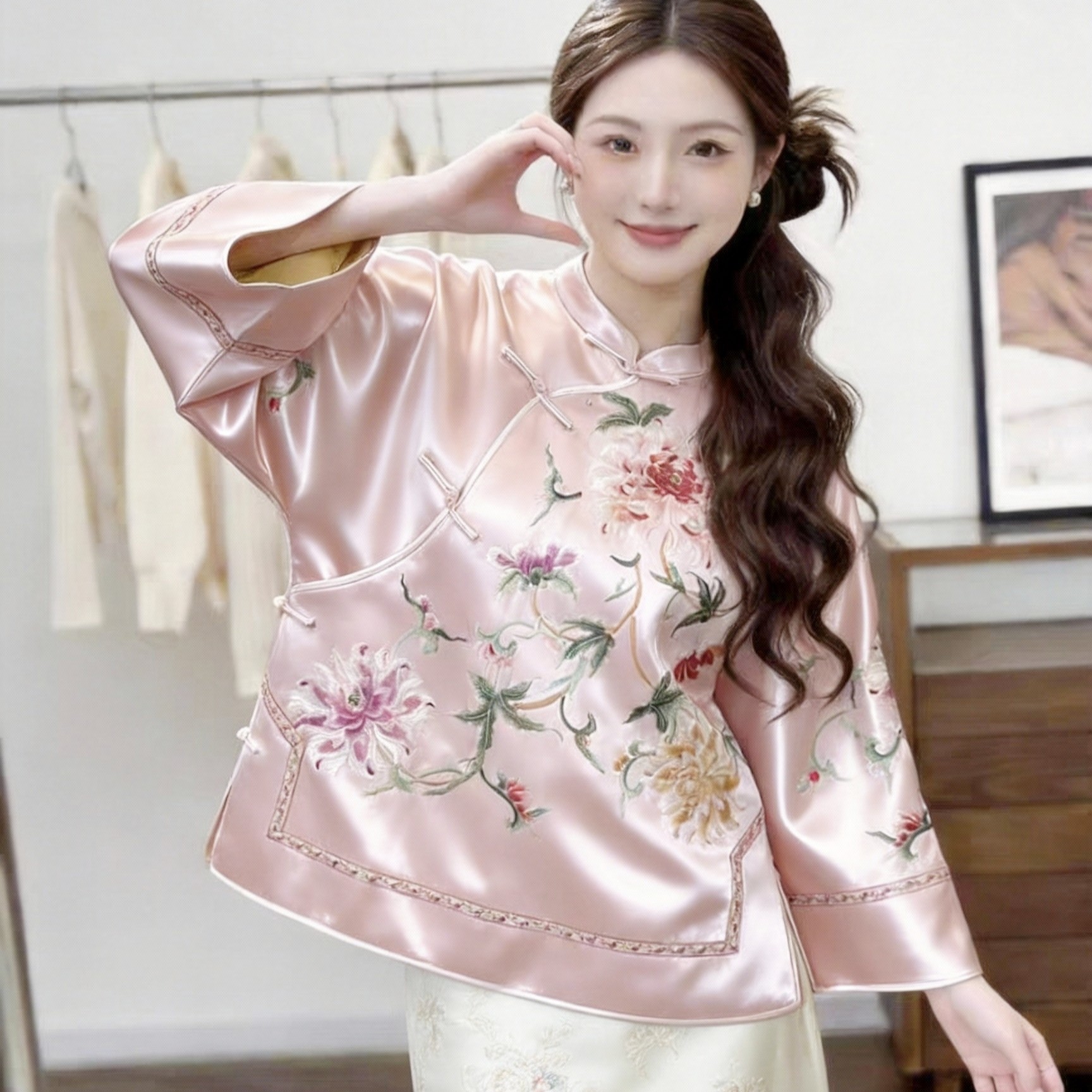 2026春秋款新中式醋酸外套复古国风花瓶刺绣改良唐装旗袍茶服上衣