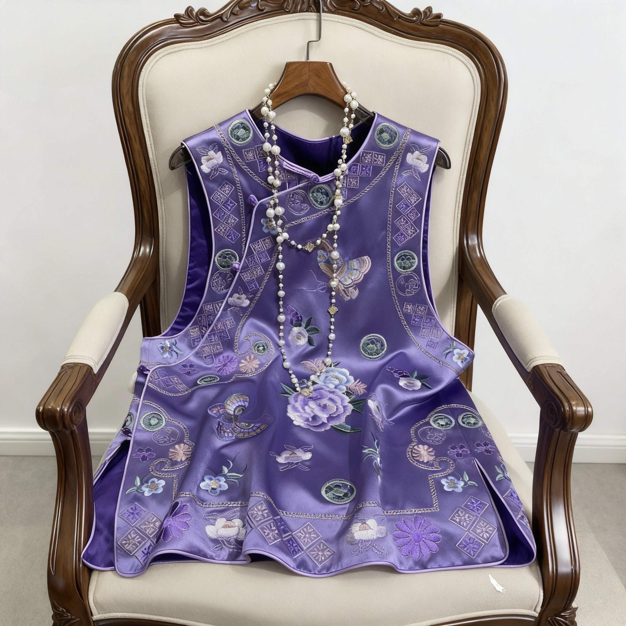 新中式改良唐装旗袍短裙国风醋酸蝴蝶刺绣斜襟大马甲上衣背心裙女