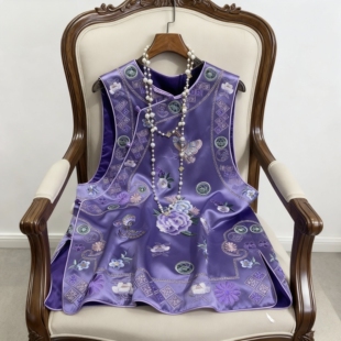 新中式改良唐装旗袍短裙国风醋酸蝴蝶刺绣斜襟大马甲上衣背心裙女