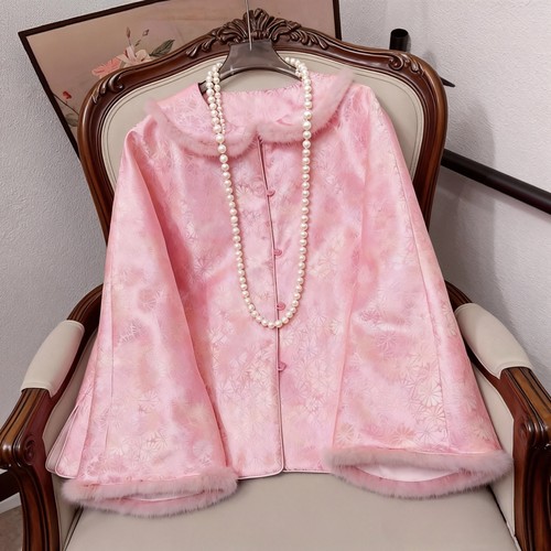 新中式拜年棉服女复古国风减龄娃娃领水貂毛拼接宋锦改良唐装棉袄