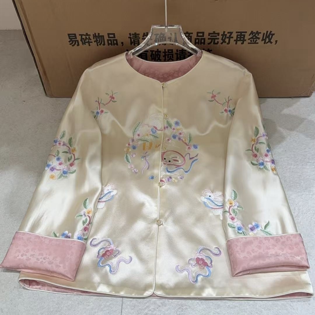 复古中国风团花玉兔刺绣圆领双面可穿醋酸外套新中式改良唐装上衣