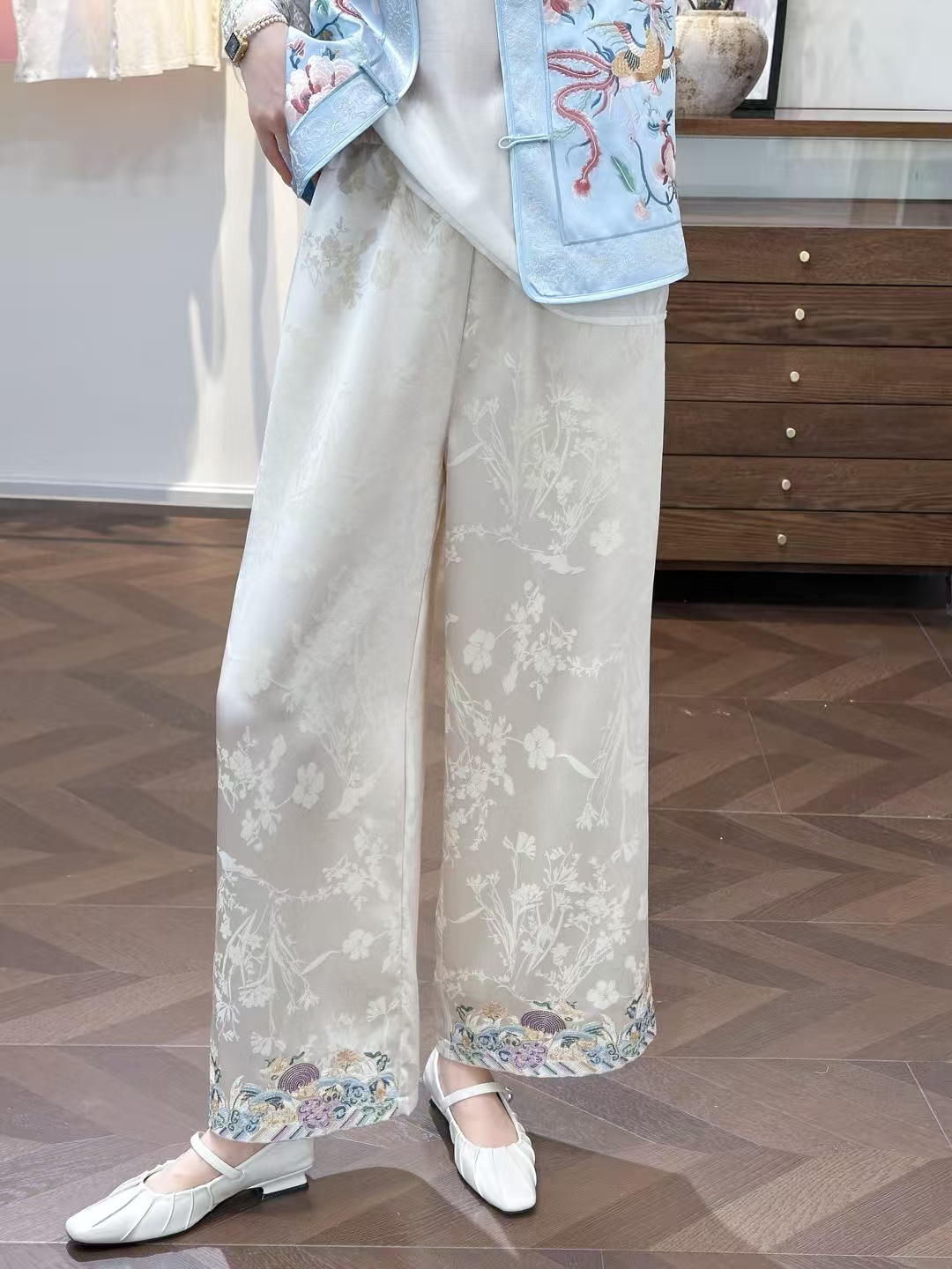 新中式國風醋酸提花百搭闊腿褲女