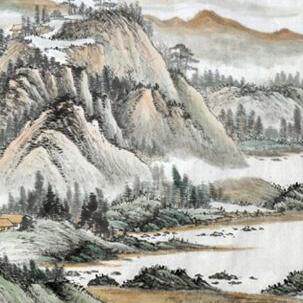 纯手绘国画山水画四尺横幅黄君壁系列秋山独钓图无款自创源远流长
