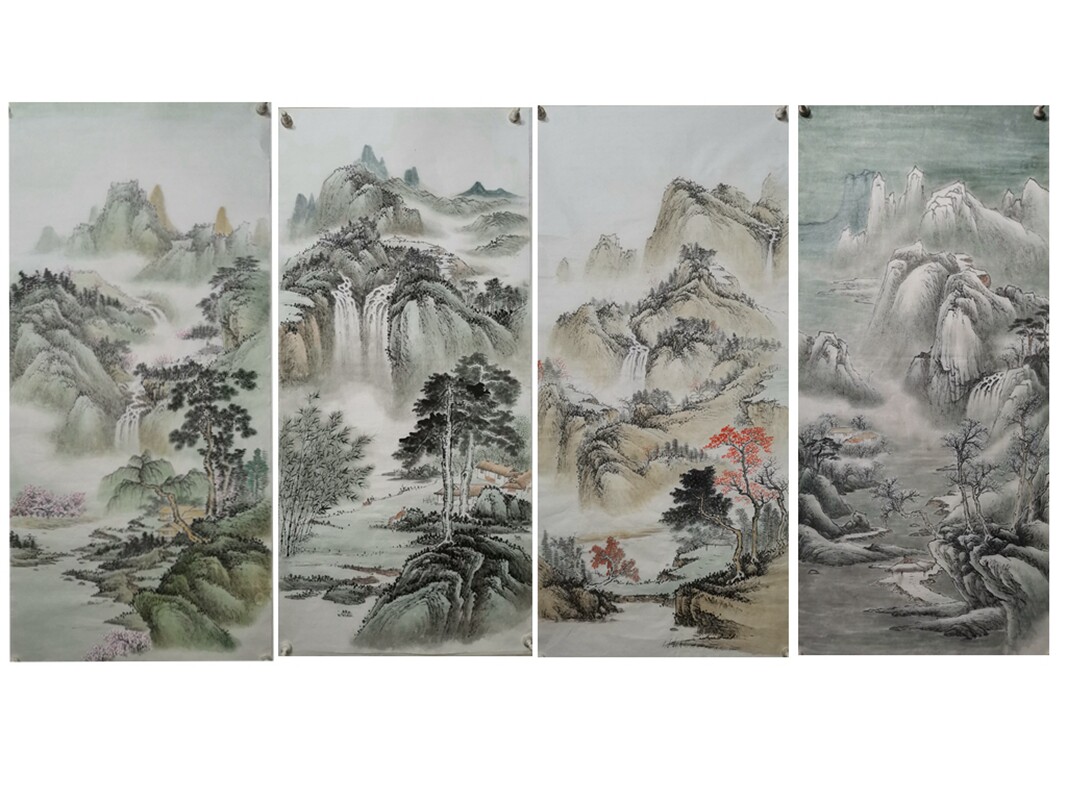 一枫斋四条屏山水画国画中式纯手绘作品：六尺四开四季山水画作品