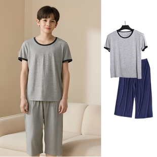 儿童睡衣套装 纯棉莫代尔短袖 宽松七分裤 中大童男孩家居服 男童夏季