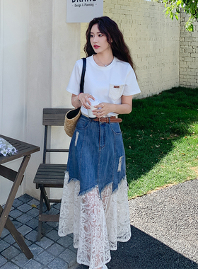 爆款夏季新品 T恤+蕾丝拼接牛仔半裙两件套2C285 1825 P185K278