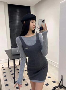 2024秋季穿搭纯欲甜美辣妹拼接圆领针织包臀连衣裙长袖假两件撞色