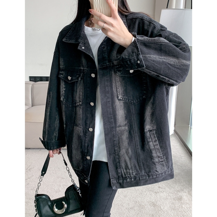 现货大码胖mm黑色牛仔外套女韩版宽松休闲百搭扎染工装夹克ins潮