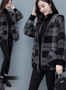 2024早秋冬季新款韩版百搭格子外套女中长款时尚小个子宽松外套潮