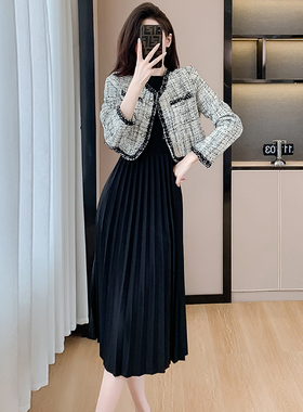 实拍2024秋季新款小香风外套+连衣裙时尚潮流简约百搭休闲百褶裙