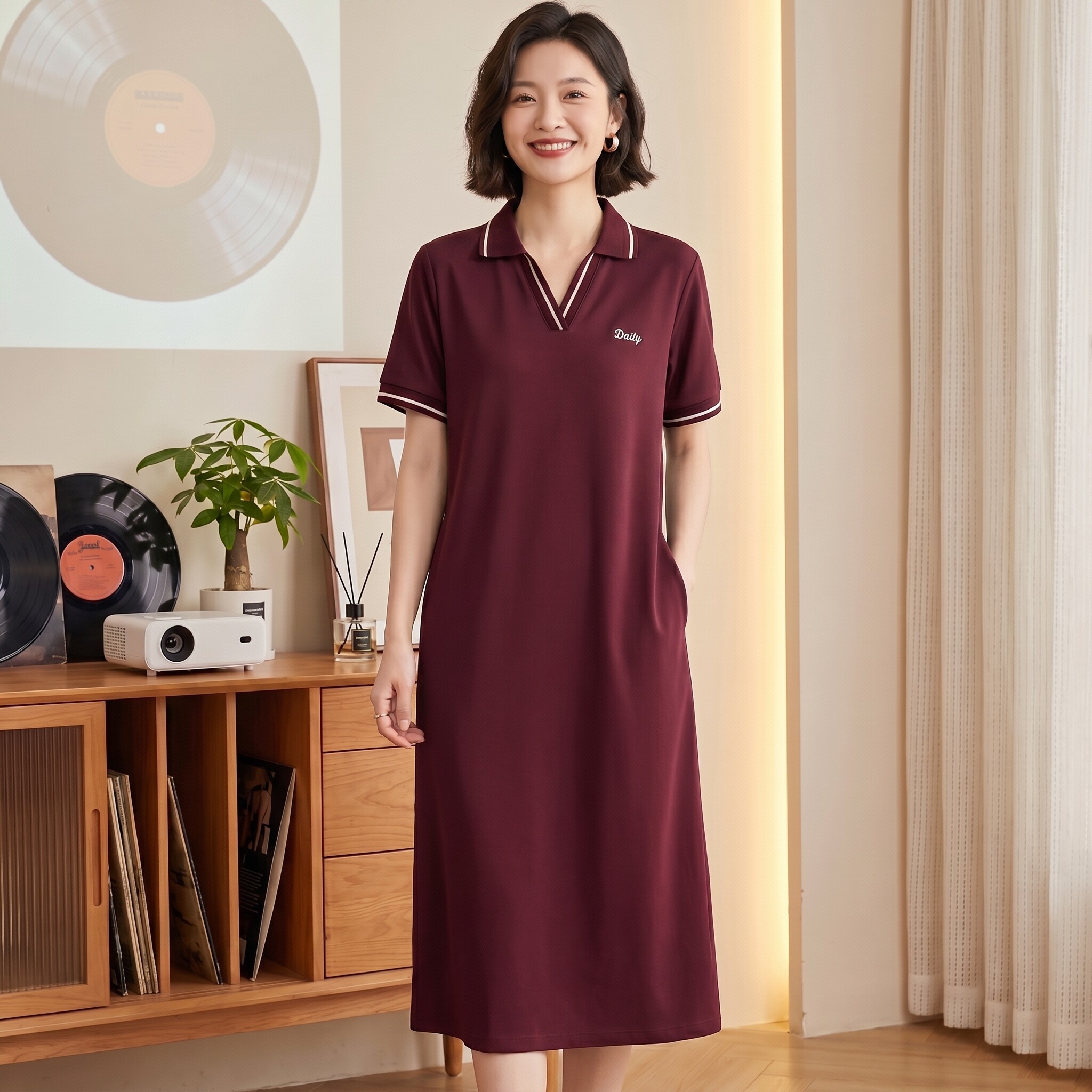 大码v领连衣裙女夏季2026新款时尚洋气妈妈女士polo领中长a字裙子