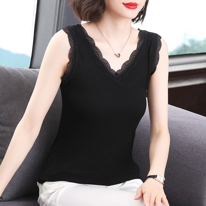 大码吊带背心女夏季新款黑色无袖蕾丝性感v领上衣百搭女士打底衫