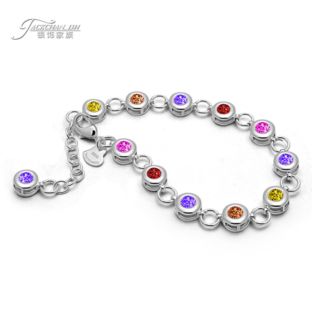韩版饰品女款彩色石头手饰 925银手链镀白金晶莹剔透七彩水晶手链