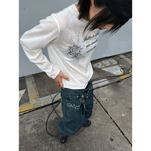 美式素描风长袖罩衫男女玫瑰烛台图案微透慵懒风休闲外搭防晒上衣