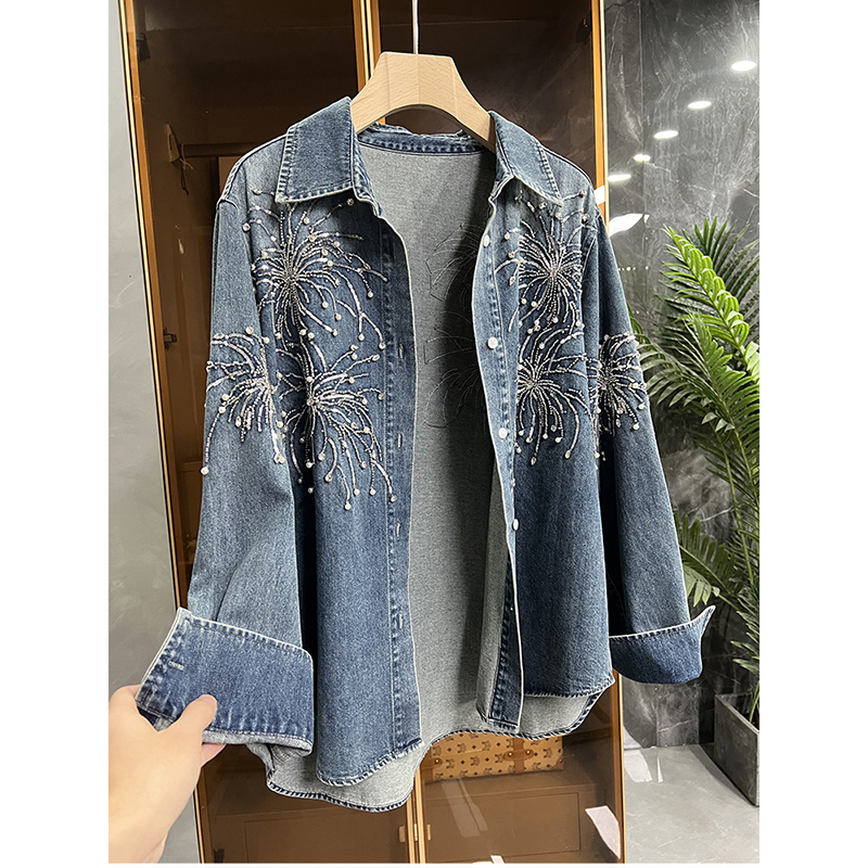 柜款!重工钉珠宽松牛仔衬衫外套