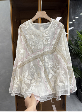 中式gao货！宽松刺绣真丝欧根纱圆领长袖上衣女    AC03222~JS