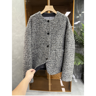 730251 代工厂尖货 宽松金线结绵羊毛圆领香风外套女