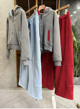 实力大厂出！厚绒连帽卫衣短外套+休闲长裤套装女   M02411~ME