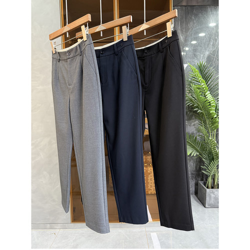 修身醋酸中高腰休闲烟管九分西裤