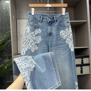 高个子收！大工厂品质！印花蕾丝中高腰牛仔阔腿裤女  KW55071~ZY