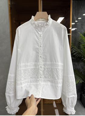 法式风！10穿9美！宽松刺绣木耳领长袖棉衬衫上衣女 S85850~JS