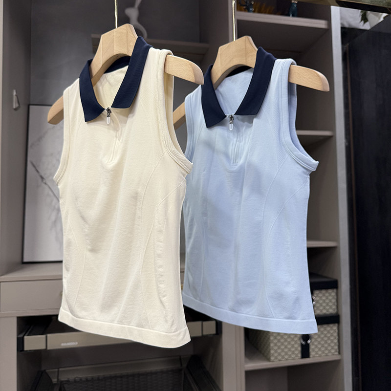 炸裂推荐！带胸垫网球运动T恤修身POLO领无袖上衣女 BX8109~ZY