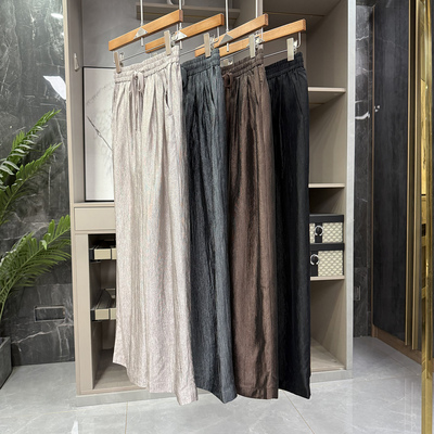 薄款褶皱醋酸松紧腰休闲阔腿裤