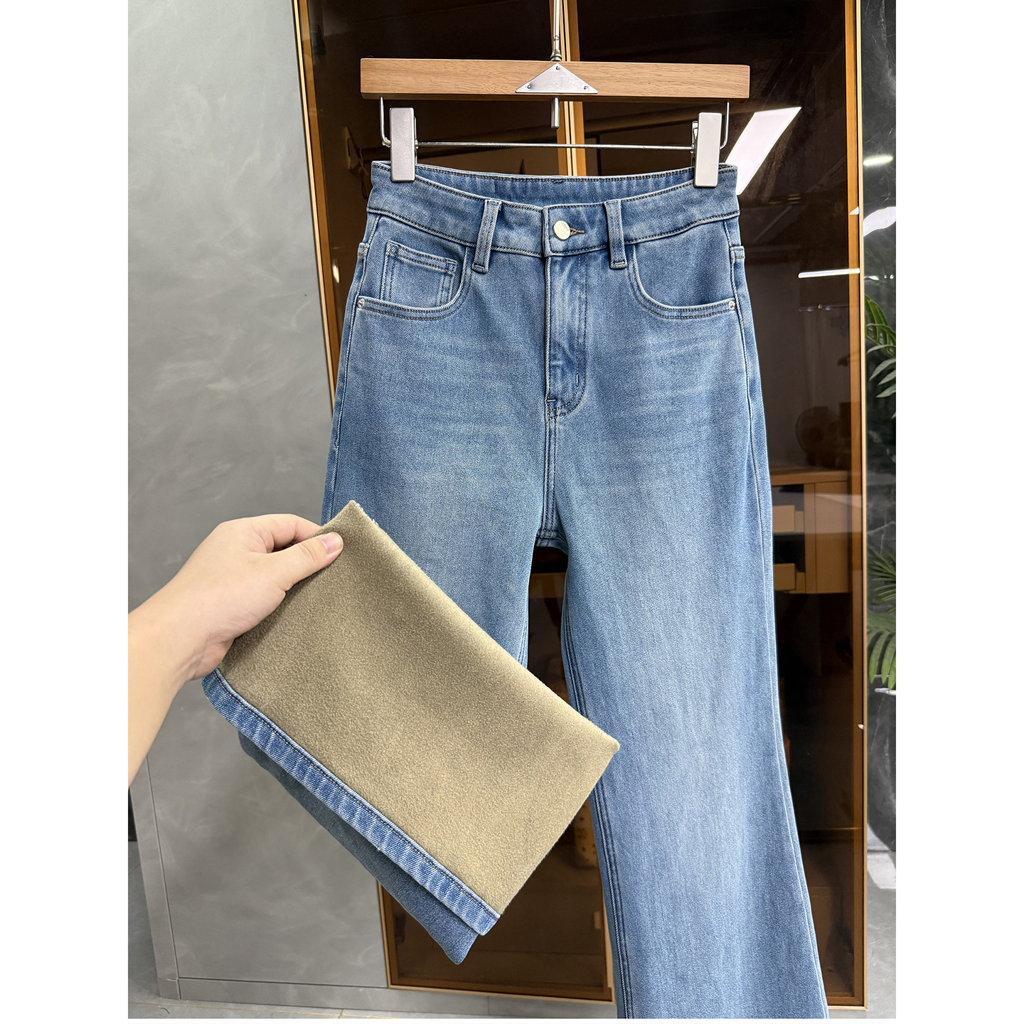 N货！薄绒中高腰牛仔喇叭裤