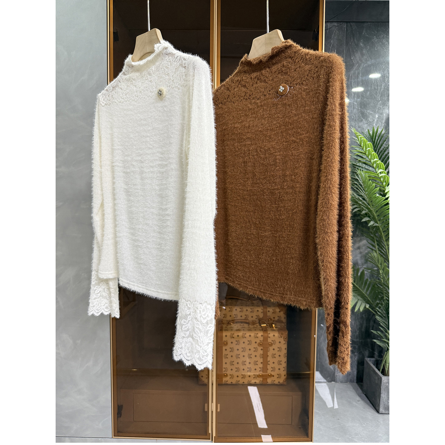 毛须蕾丝小立领长袖羊毛针织上衣