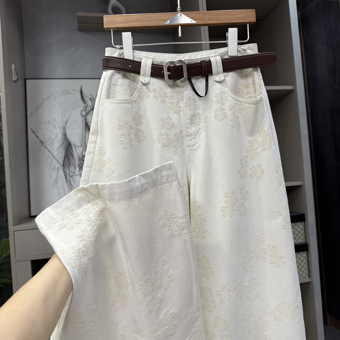 Q货提花莱赛尔中高腰牛仔阔腿裤
