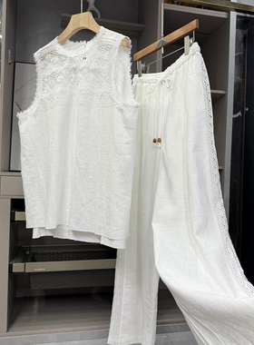 清仓不予退换！风！拼花边苎麻无袖上衣+长裤套装女AC06559~ZY