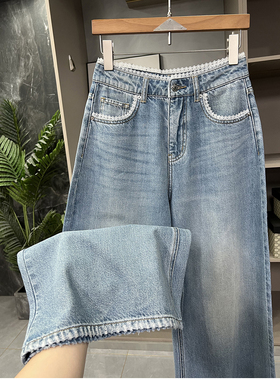 清仓不予退换！代工厂！拼接花边汉麻牛仔高腰阔腿裤女T68052~ME