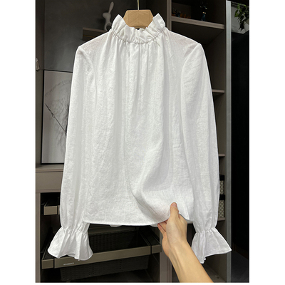 优雅法式！亚麻木耳领长袖上衣