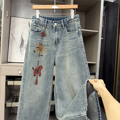 N货！印花小马高腰牛仔直筒裤