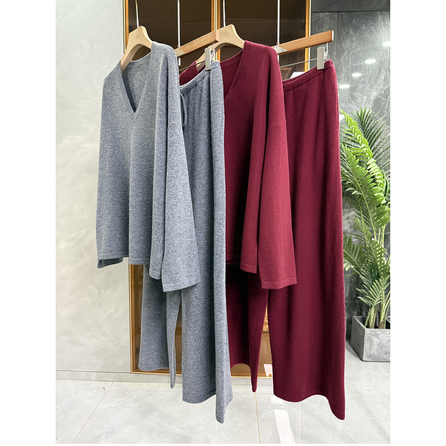 宽松羊绒羊毛针织上衣+长裤套装