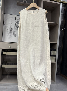 清仓不予退换！蕾丝花边亚麻圆领无袖背心连衣裙   Q85391~ZY