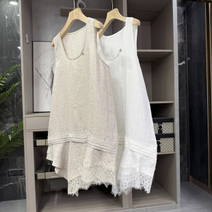 “行走的天然空调”！亚麻拼接蕾丝U领无袖背心连衣裙 AE0560~ZY