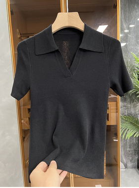 清仓不退#B显高ji感！柔糯羊毛翻领短袖针织上衣女    T88112