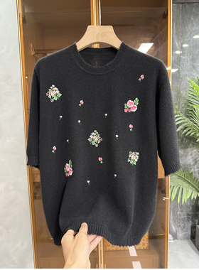厂里咆哮推荐！重工刺绣羊绒圆领短袖针织衫上衣女   20250741~JS