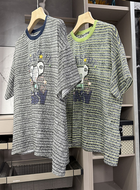 清仓不予退换！师款！宽松真丝双绉条纹短袖T恤上衣女92203~ZY