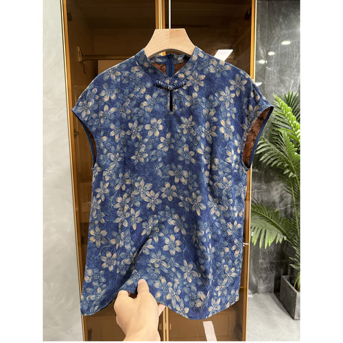 中式真丝花罗立领盘扣飞飞袖上衣