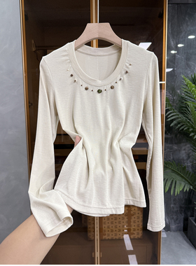 N货！通勤百搭！修身莫代尔钉珠圆领长袖打底衫T恤女  M02307~JS