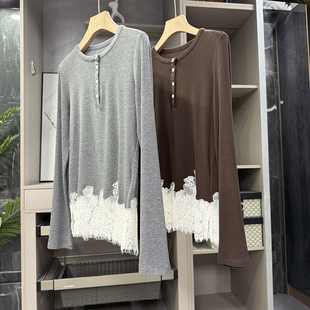 上衣女 Q货 10穿9美 拼蕾丝边亨利领羊毛长袖 96554