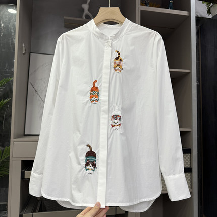 设计师款！宽松刺绣小猫小立领棉衬衫上衣女    250929002~ZY