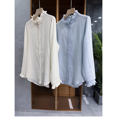 人字纹木耳边立领长袖羊毛衬衫