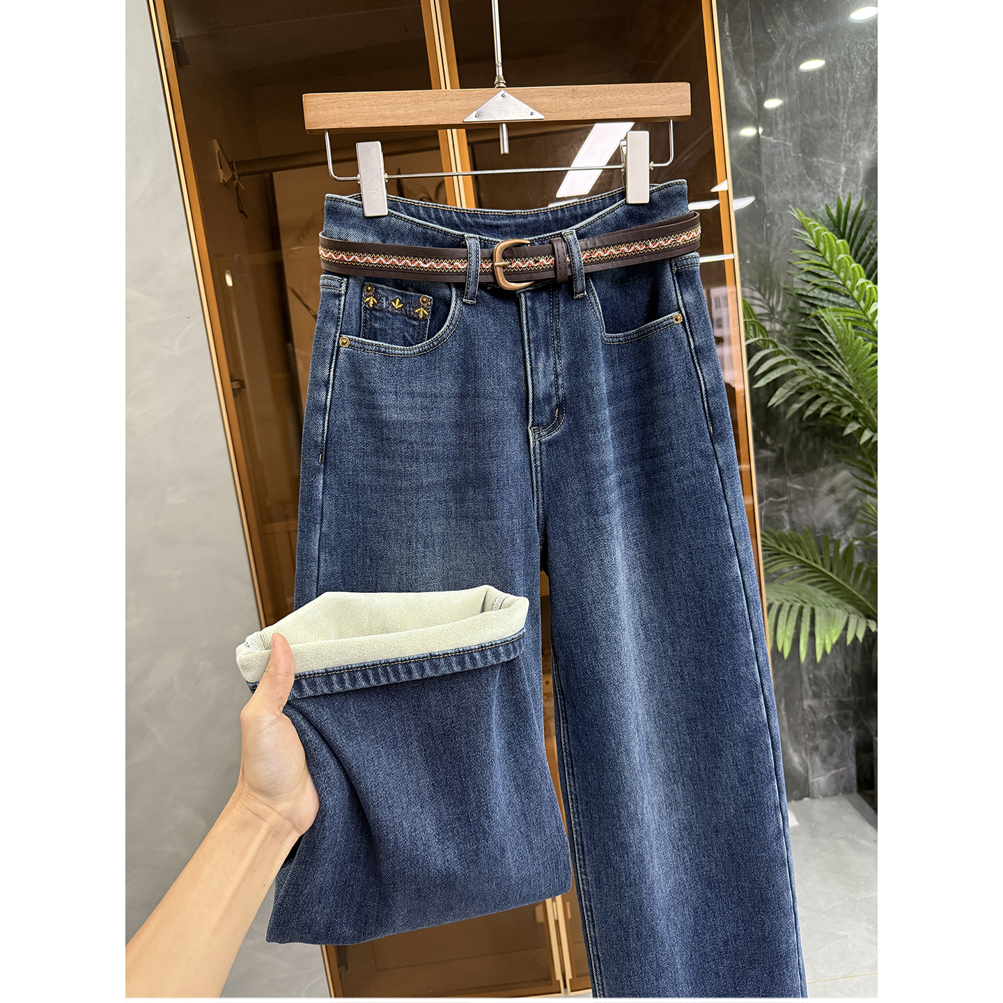 N货！微弹加绒牛仔直筒裤