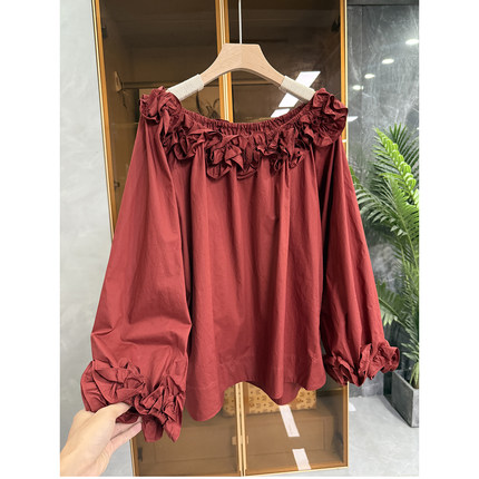 美翻！浪漫法式！木耳边一字领长袖棉衬衫上衣女    S85598~JS